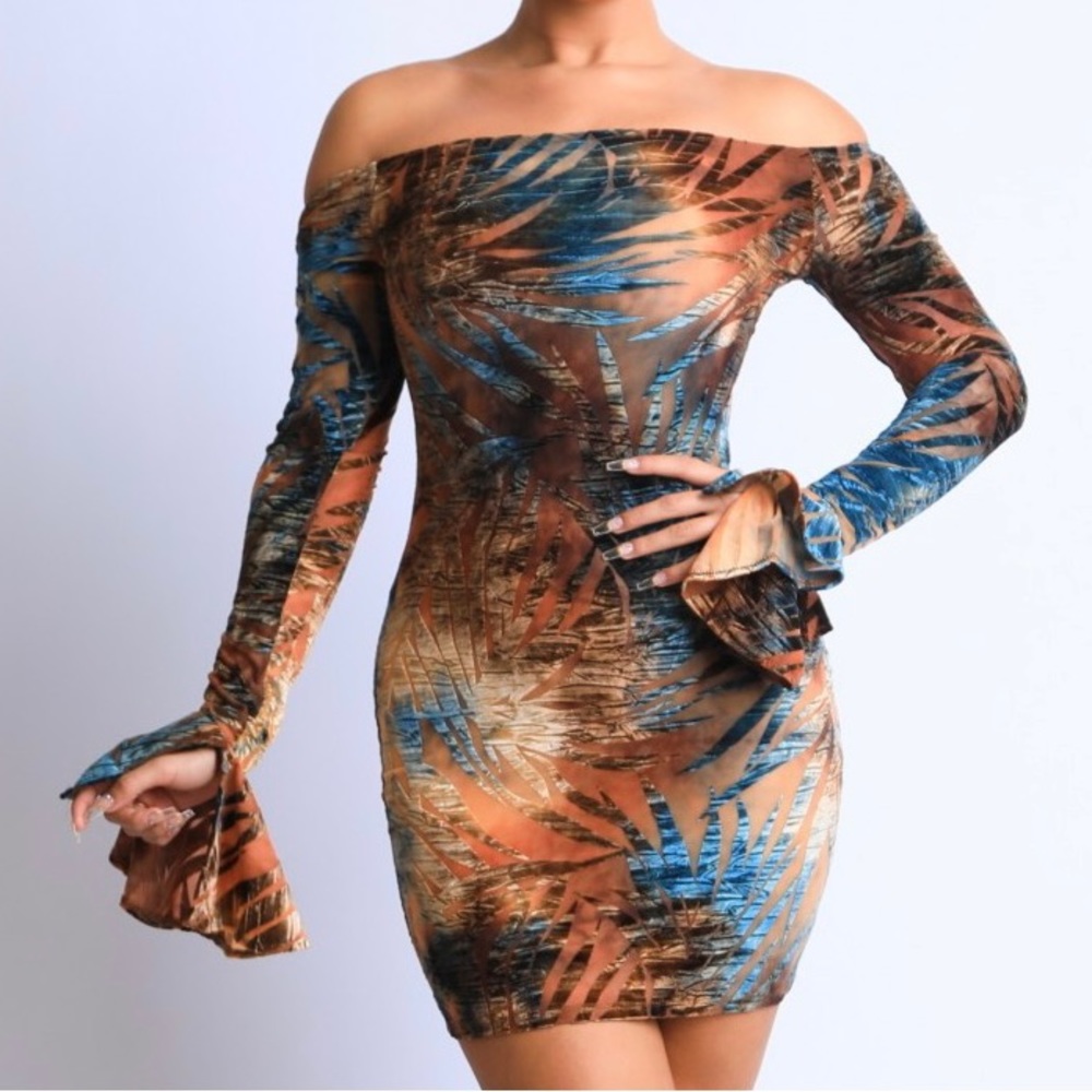 Off the shoulder, flare sleeve mini dress
